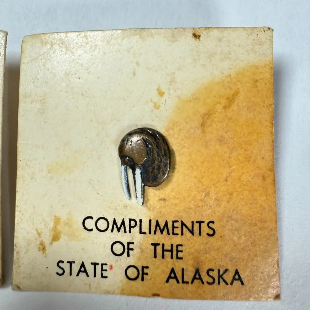 Lot of 2 Vintage Compliments of The State of Alaska Walrus brass Lapel Pin